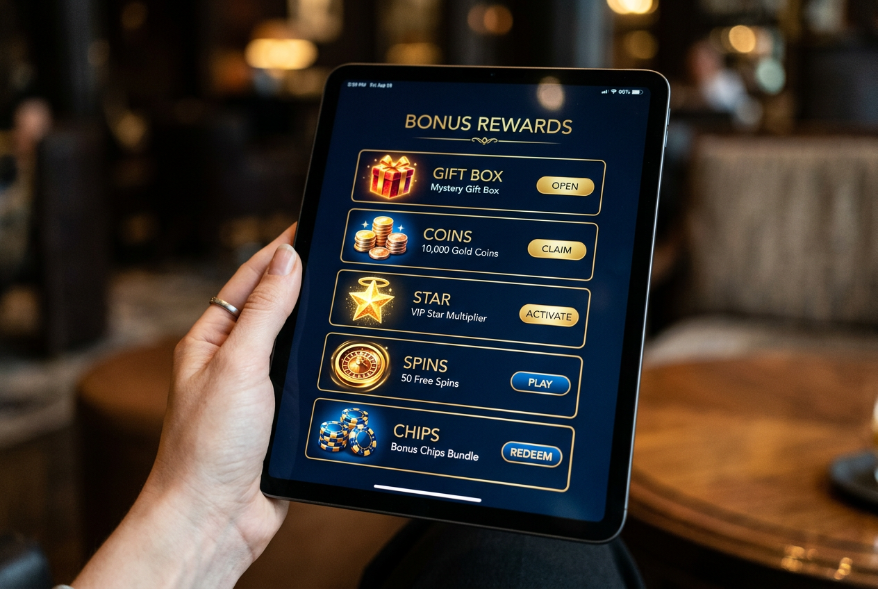 A high-tech tablet screen showing different categories of casino rewards.
