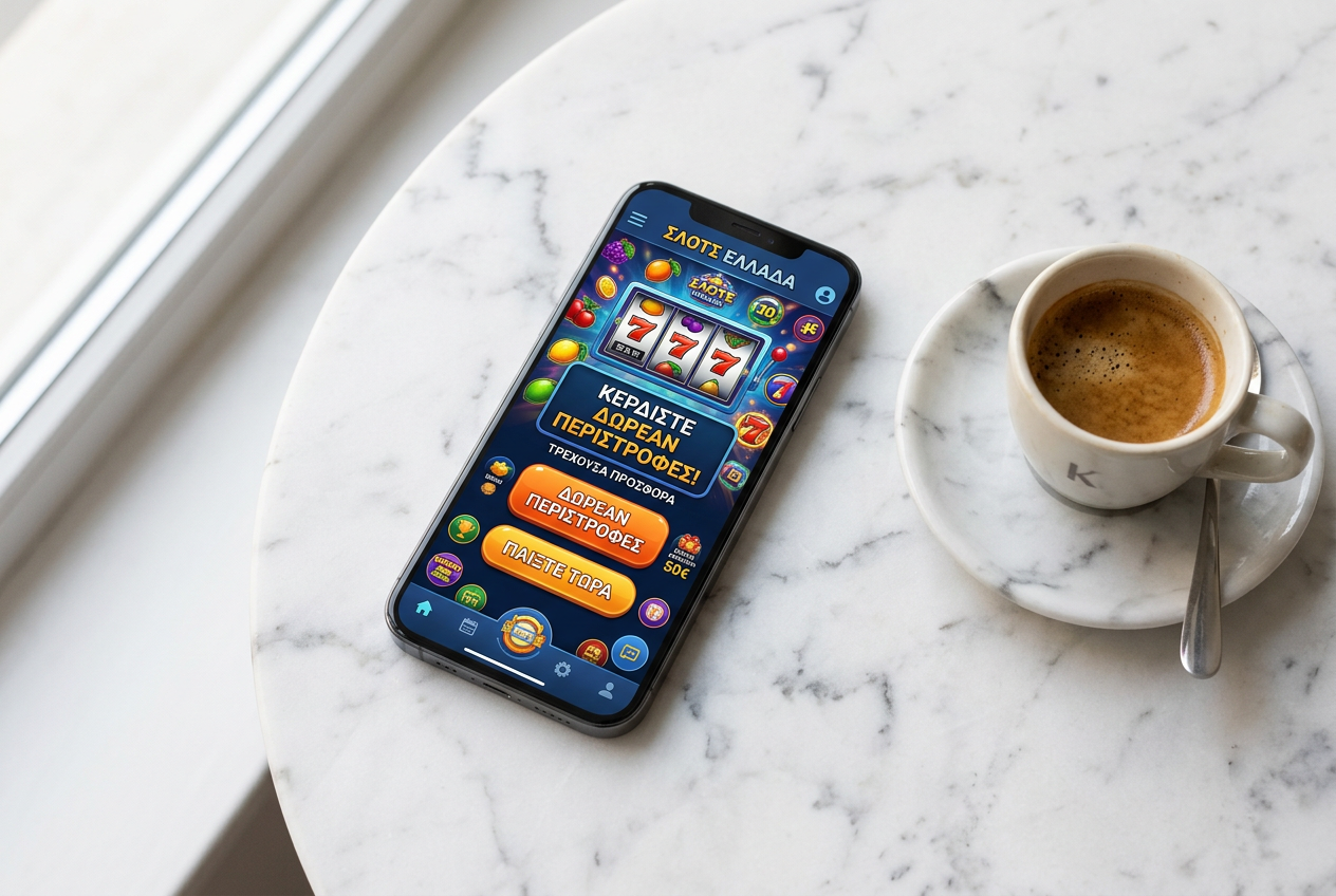 A premium smartphone displaying a Greek online casino interface with free spins offers.
