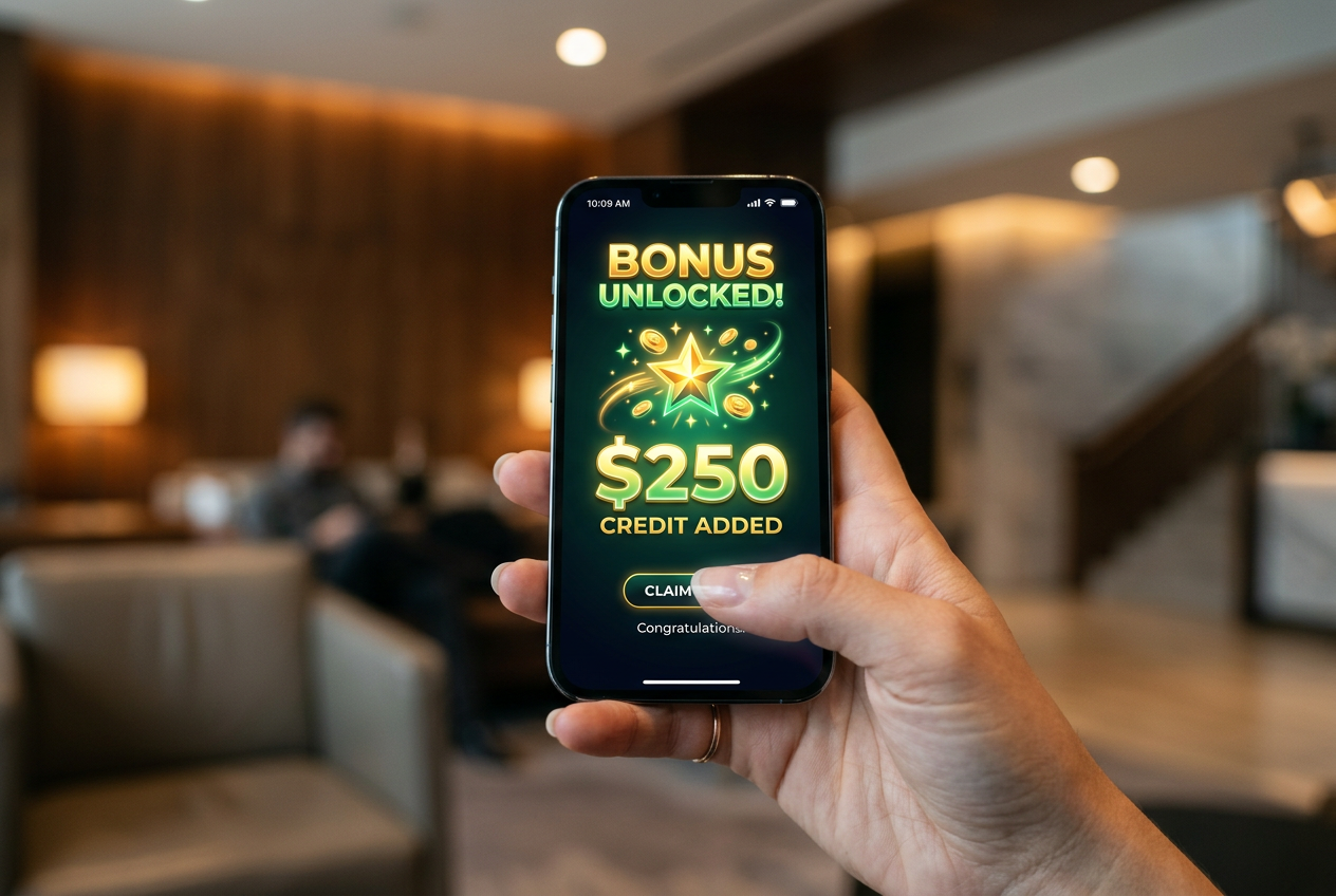 A high-end smartphone displaying an online casino bonus offer.