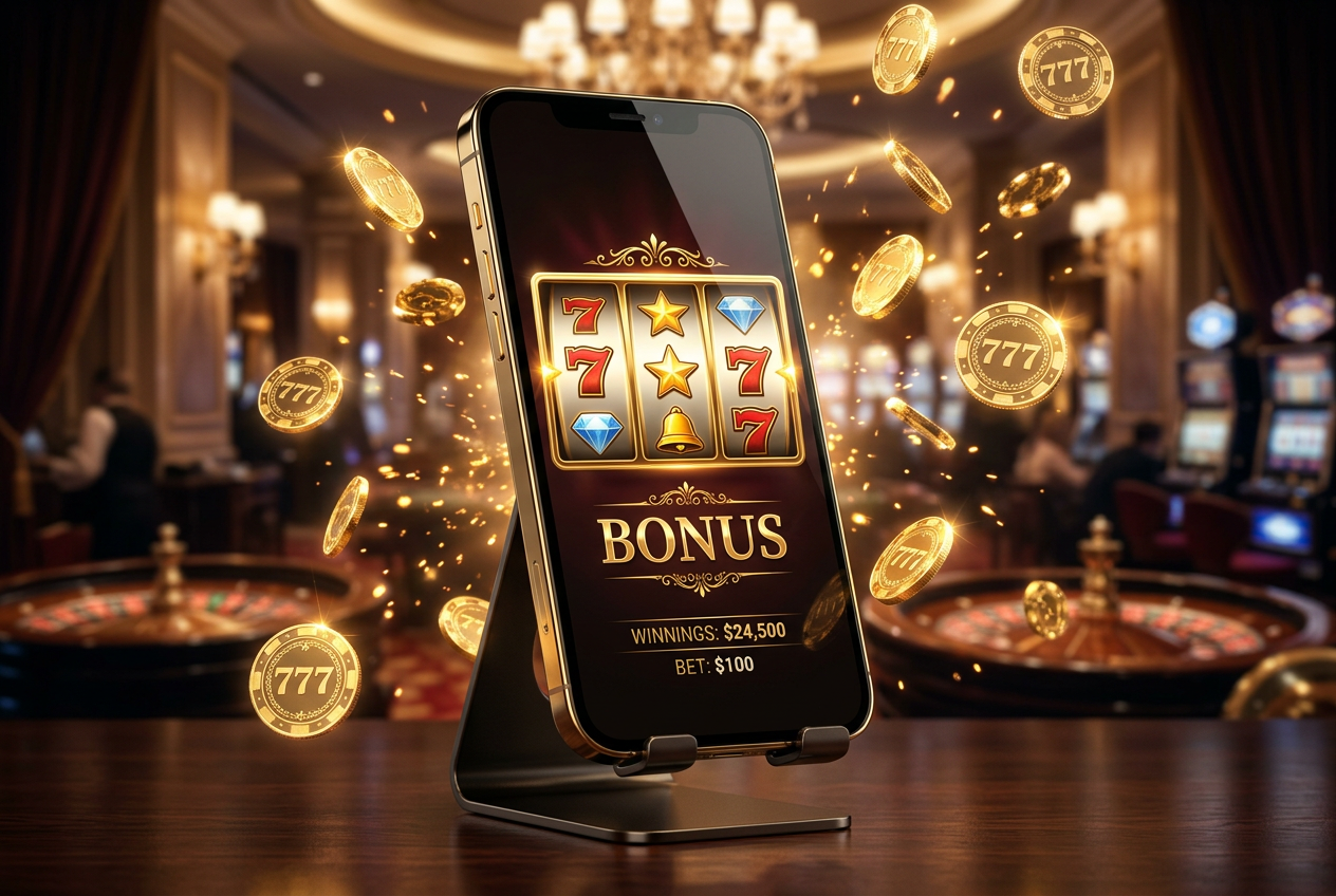 A collection of digital golden coins and casino slot machine symbols representing premium bonus offers.