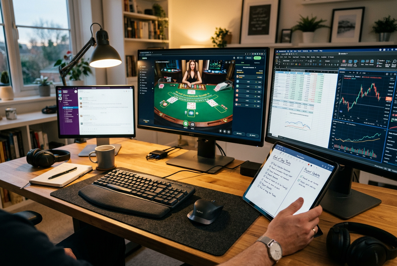 A professional reviewer checking online casino software on multiple screens.